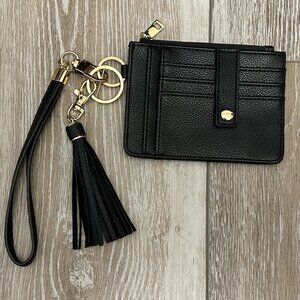 Black Leather Faux (?) ID & Card Wallet Key Fob Tassel Accent Wristlet Strap